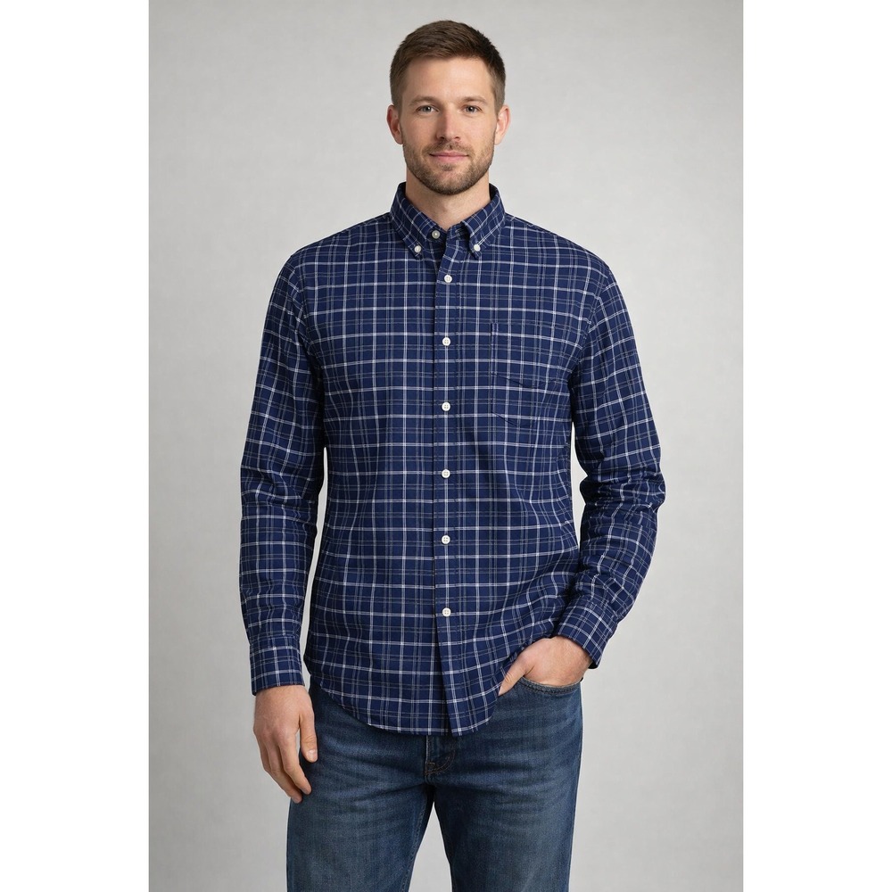 Banana Republic Mens Untucked Fit Navy Blue Plaid Button Down Shirt Large Casual